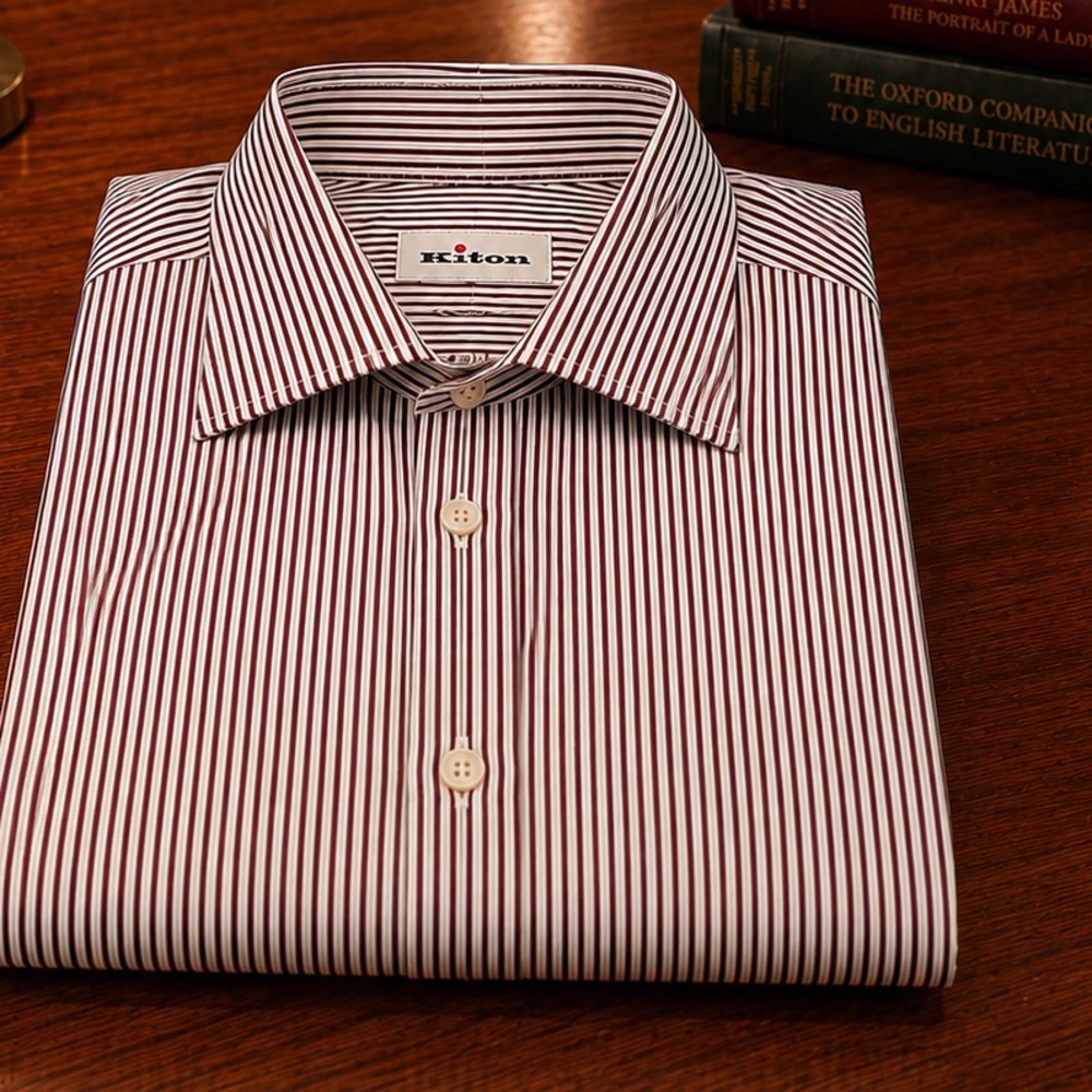 Kiton Brown and White Striped Dress Shirt